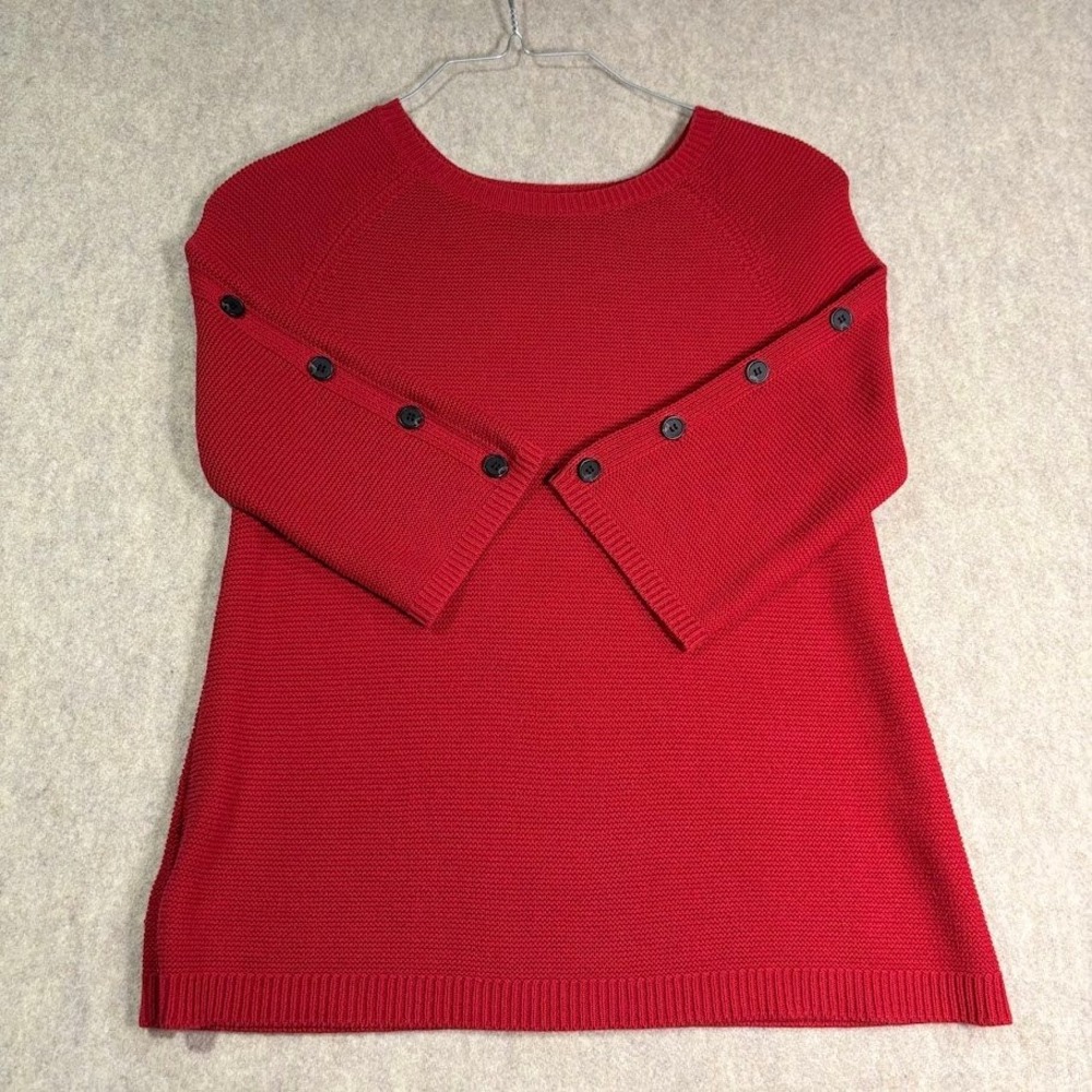 Liz Claiborne Sweater Womens M Red Cotton Blend Button Sleeve Knit Pullover Chic